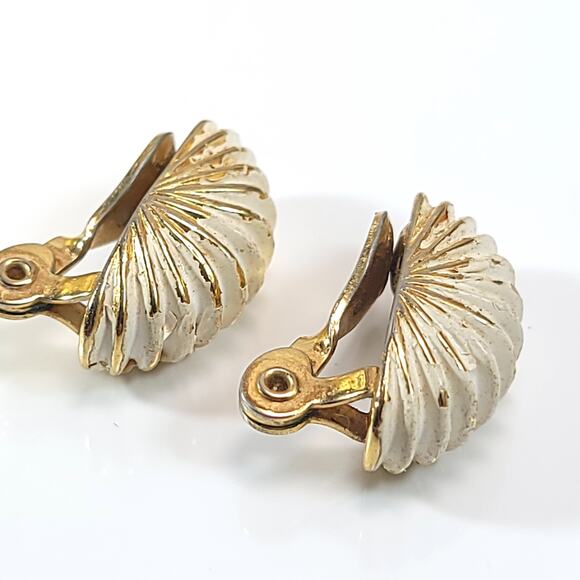 Vintage White and Gold Shell Clip-On Earrings, Retro Chic, Non-Pierced Jewelry - Picture 1 of 10
